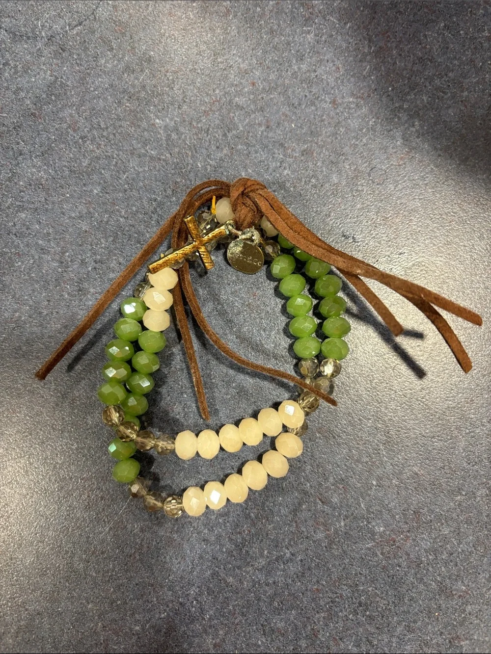 Beaded Green & Cream Layered Bracelet with Brown Suede Tie